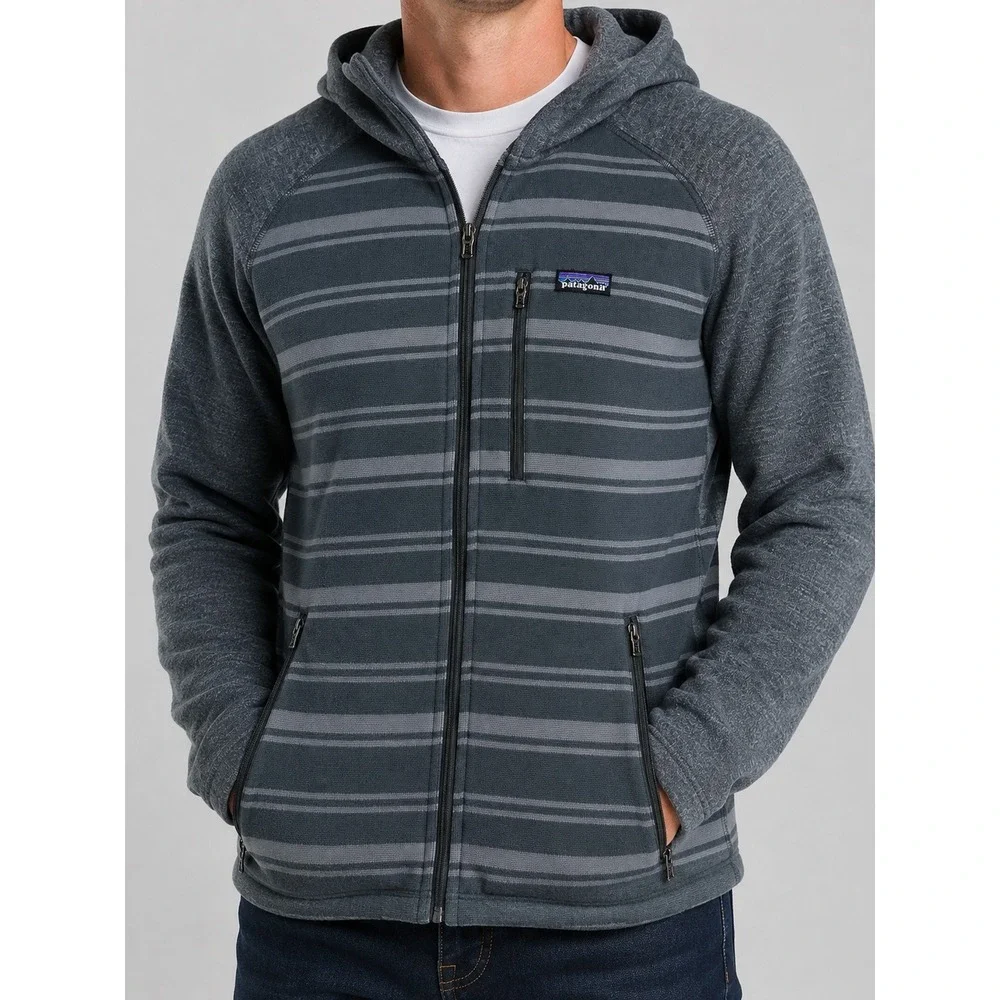 Vtg Y2K Patagonia Better Sweater Hoody Men L Grey Striped Full Zip Fleece Jacket